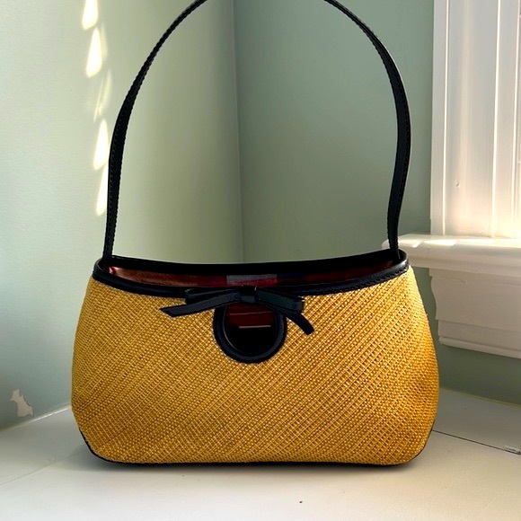 Cole Haan East-West Natural Tan Straw Satchel with Black Leather Bow and Trim - Picture 2 of 9